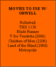 Text Box: MOVIES TO USE W/ORWELLRollerballTHX 1138Blade RunnerV for Vendetta (2006)Children of Men (2206)Land of the Blind (2006)Metropolis